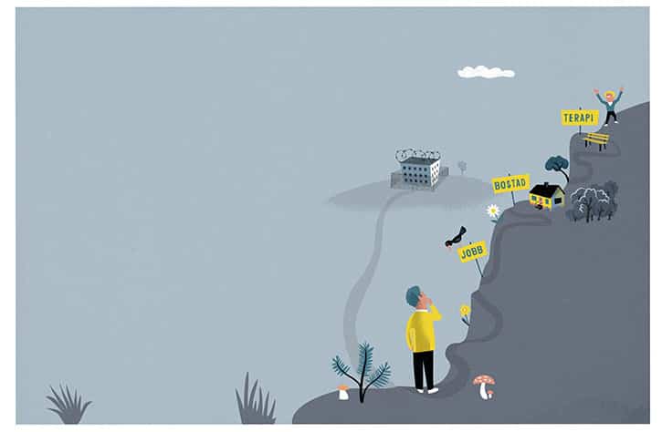 Illustration av en person som står vid foten av ett berg. Det hela ska symbolisera utmaningen och svårigheten av att klara av att nå uppsatta mål.