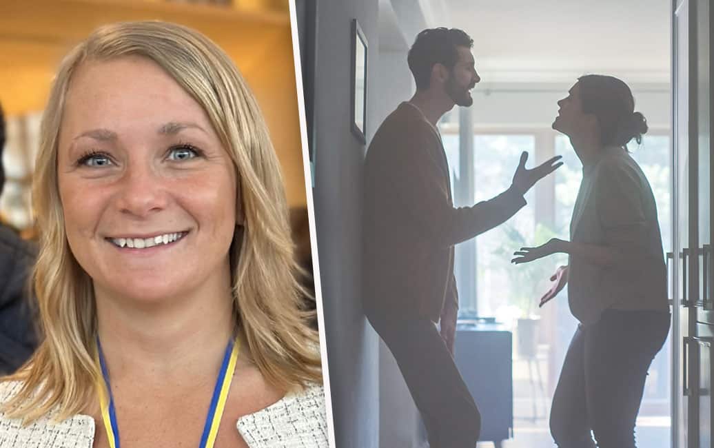 Montagebild med studenten Rebecca Arvestål i vänstermarginal och ett grälande par i en hall i högermarginal