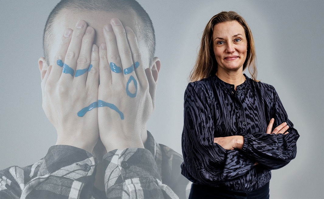 Montagebild på Socionomens chefredaktör Annika Sjöberg i halvfigur i högermarginal, till vänster en förstoring av en ungdom som står med händerna för ansiktet. På händerna har man målat ett ledset ansikte med blå färg.