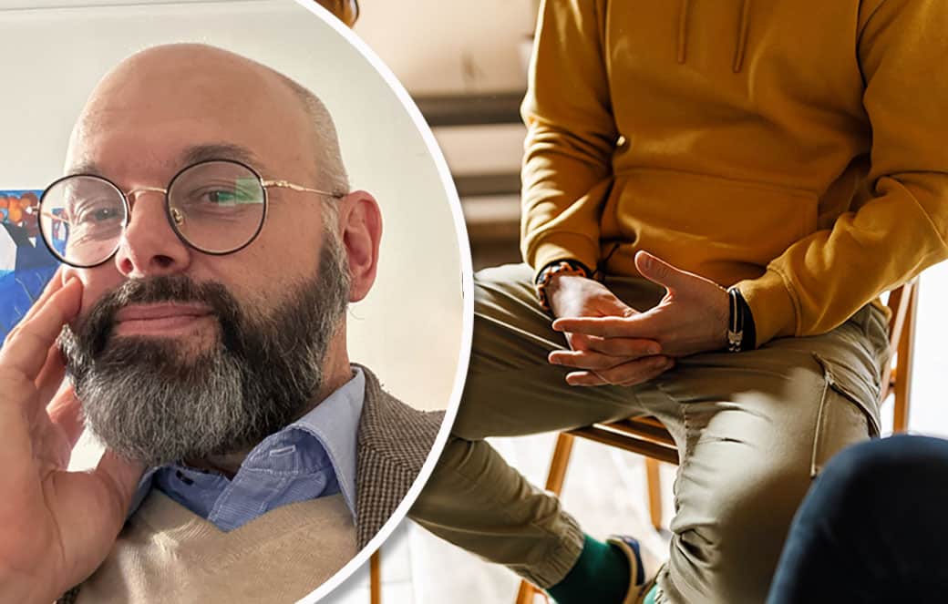 Montagebild med psykoterapeuten Ulf Zetterman i vänstermarginal och en person i sittandes på en stol i terapi i högermarginal.