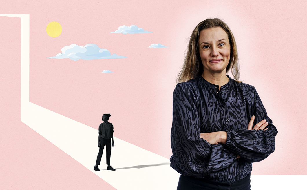 Montagebild: chefredaktör Annika Sjöberg står framför en bakomliggande illustration på en tjej som står i en dörröppning