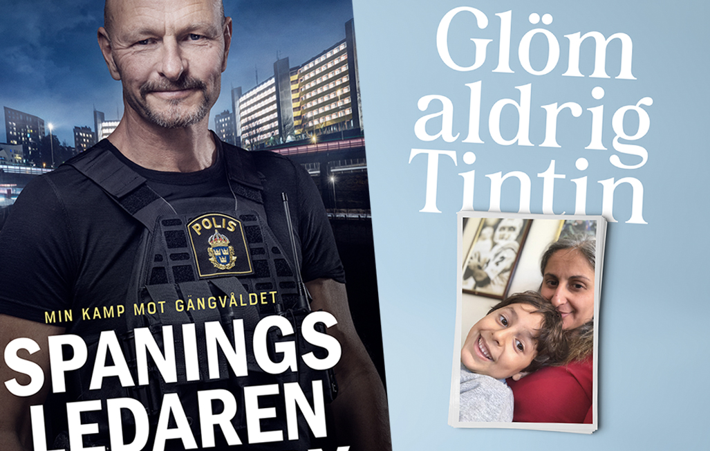 Montagebild av två bokomslag som placerats bredvid varandra, till vänster "Spaningsledaren i Rinkeby", till höger "Glöm aldrig Tintin"
