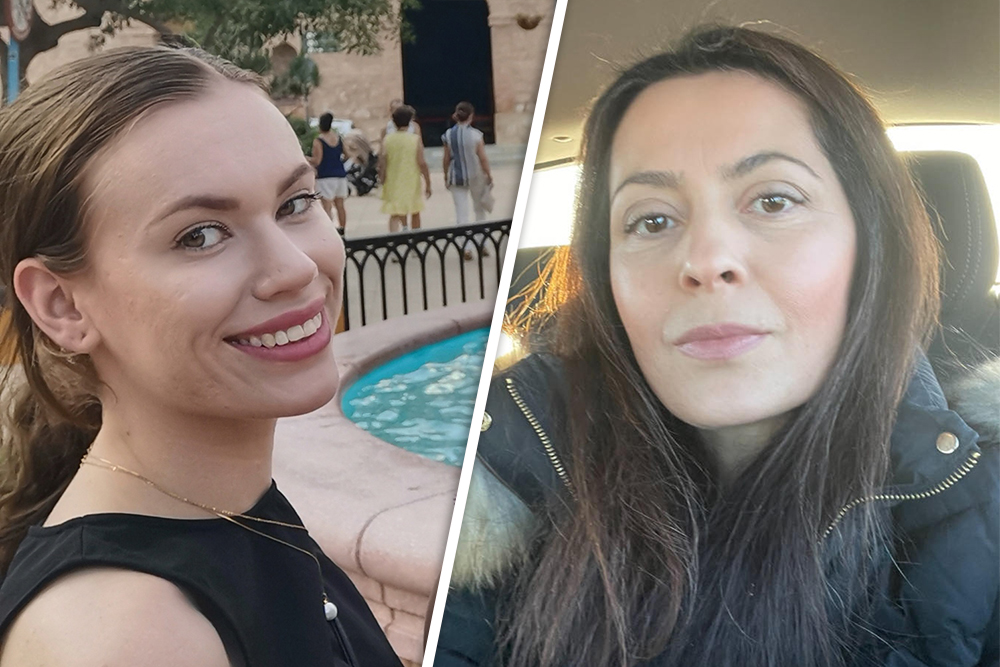 Montagebild på socionomstudenterna Isabelle Hagberg, till vänster, och Sonia Tosun, till höger, båda i halvprofil.