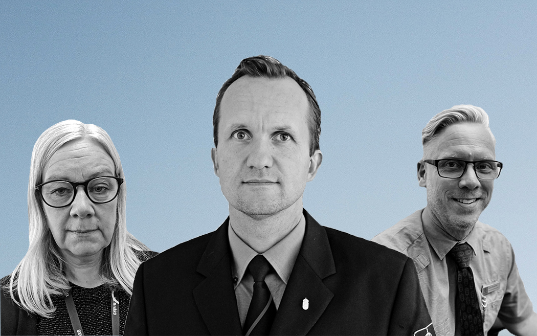 Montagebild där Anneli Sjödin, Daniel Bergenhem och Fredrik Thunberg står bredvid varandra mot en blå bakgrund.