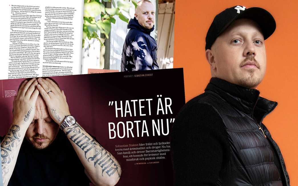 Montagebild på tidningsutklipp på Sebastian Stakset till vänster och en ny porträttbild på Sebastian Stakset till höger.