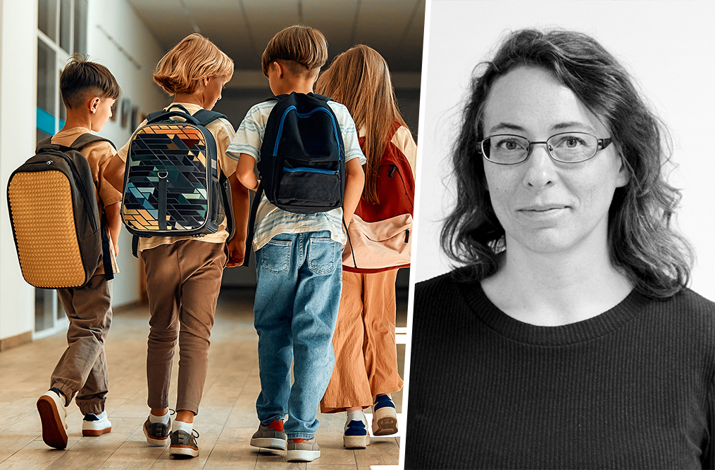 Montagebild där fyra skolbarn syns till vänster i en skolkorridor, till höger syns forskaren Ylva Spånberger Weitz i halvprofil.
