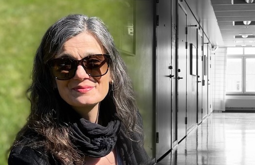 Montagebild där forskaren Elisabeth Punzi syns i halvprofil till vänster och en svartvit bild på en korridor i institutionsmiljö till höger.