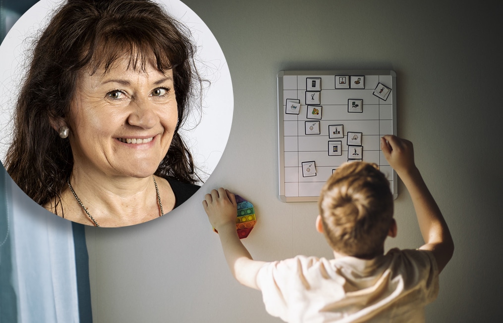 Montagebild med en pojke framför ett bildstöd i form av en tavla med symboler och en porträttbild på forskaren Mikaela Starke i en cirkel i vänstermarginalen.