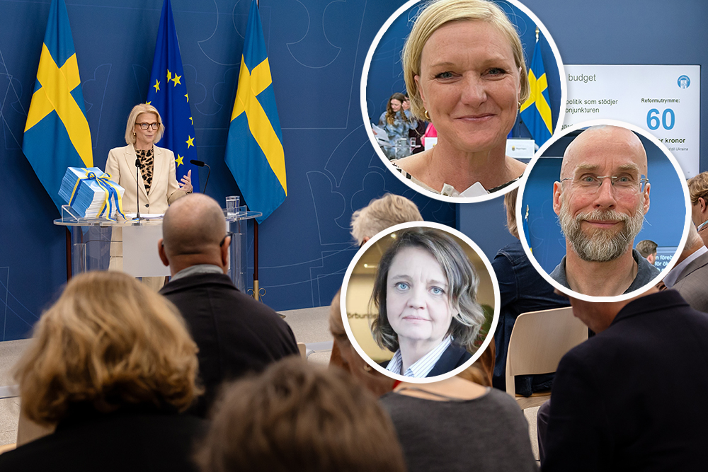 Montagebild där finansminister Elisabeth Svantesson från Moderaterna presenterar höstbudgeten på en presskonferens i Rosenbad, och där socialrättsjuristen Monica Engström, socialpolitiska chefen Fredrik Hjulström och samhällspolitiska chefen Ursula Berge från Akademikerförbundet SSR syns i varsin cirkelbild.