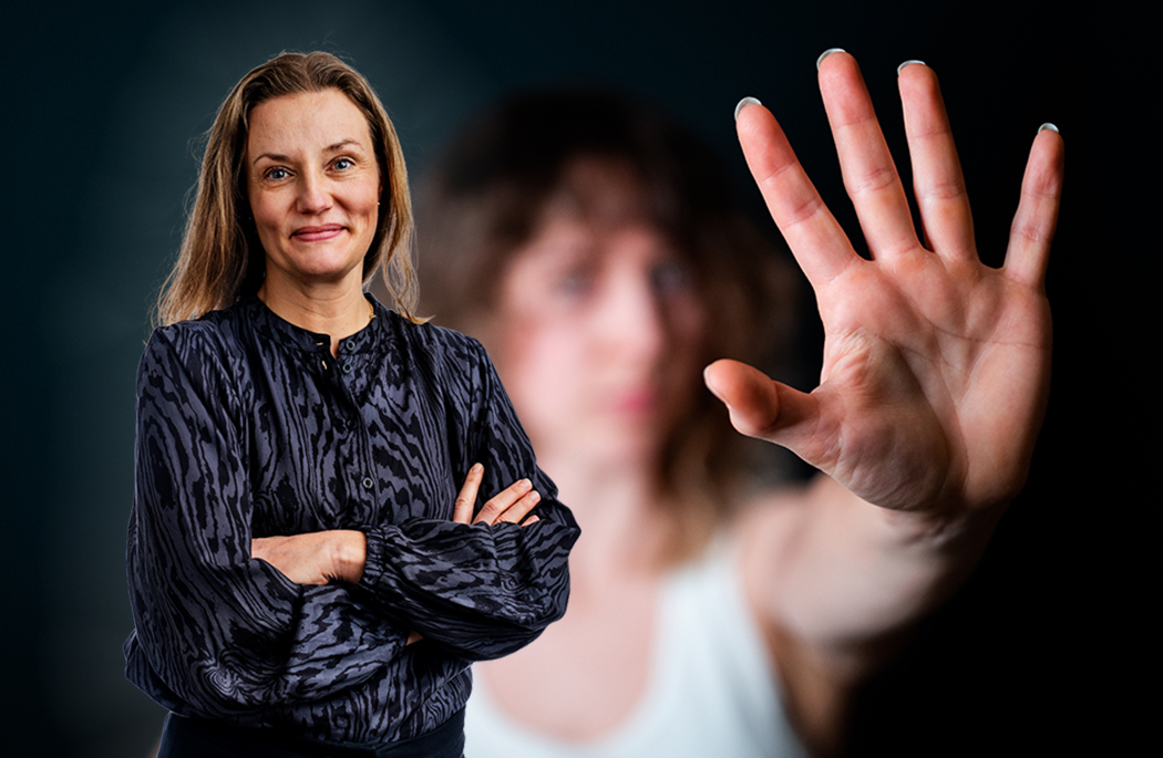Montagebild på Socionomens chefredaktör Annika Sjöberg till vänster och en anonymiserad kvinna som sträcker fram ena handen mot kameran som för att signalera stopp.