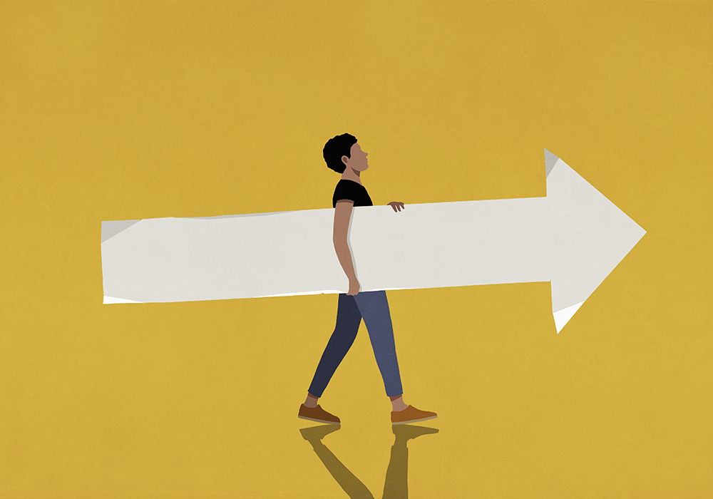 Illustration av en ung man som vandrar med en stor vit pil under armen, pekandes framåt