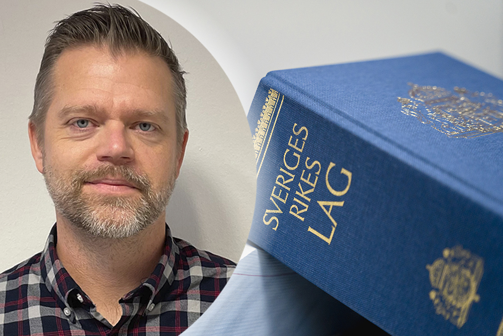Montagebild där en porträttbild Andreas Wetterberg, enhetschef för UngAngered i Göteborg, syns till vänster och en bild på den svenska lagboken syns till höger.