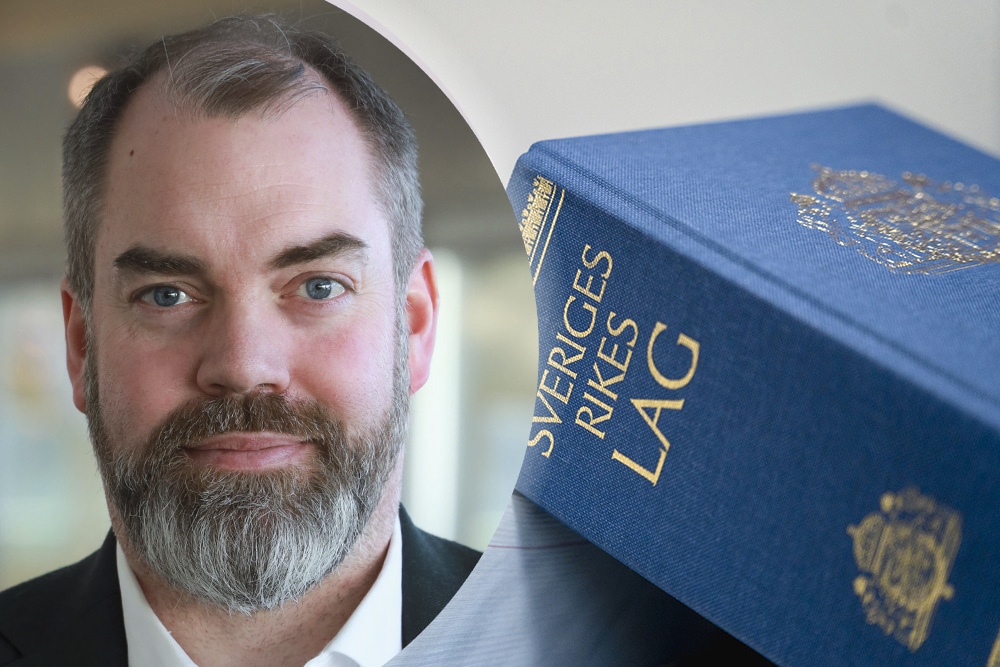Montagebild där en bild på Fredrik Lundh Sammeli, socialpolitisk talesperson för Socialdemokraterna, syns till vänster och en bild på den svenska lagboken syns till höger.