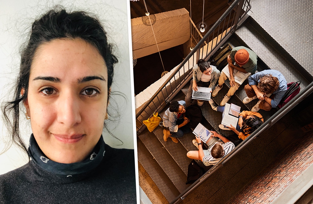 Montagebild där en bild på socionomstudenter Sogol Mabadi syns till vänster, huvud och axlar, och en bild på studenter sittandes i ett trapphus syns till höger.