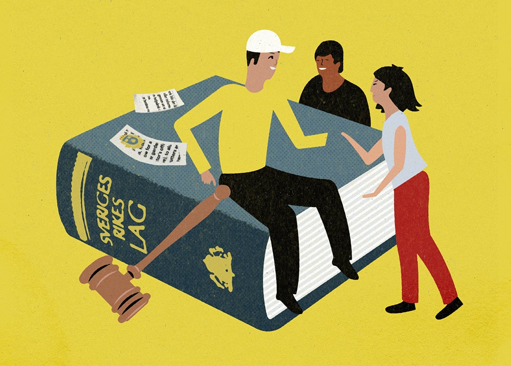 Illustration där ett gäng glada personer sitter avslappnat på den svenska lagboken framför en gul bakgrund.