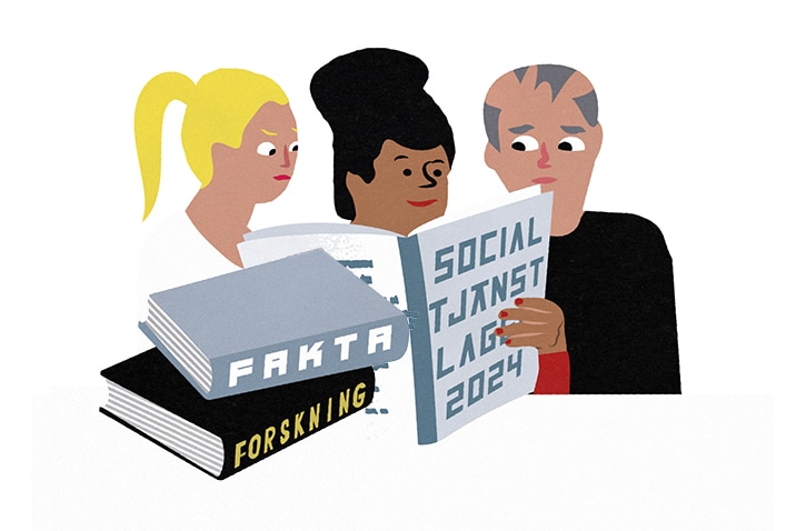 Illustration av tre personer som sitter och läser den nya socialtjänstlagen framför en trave med böcker.