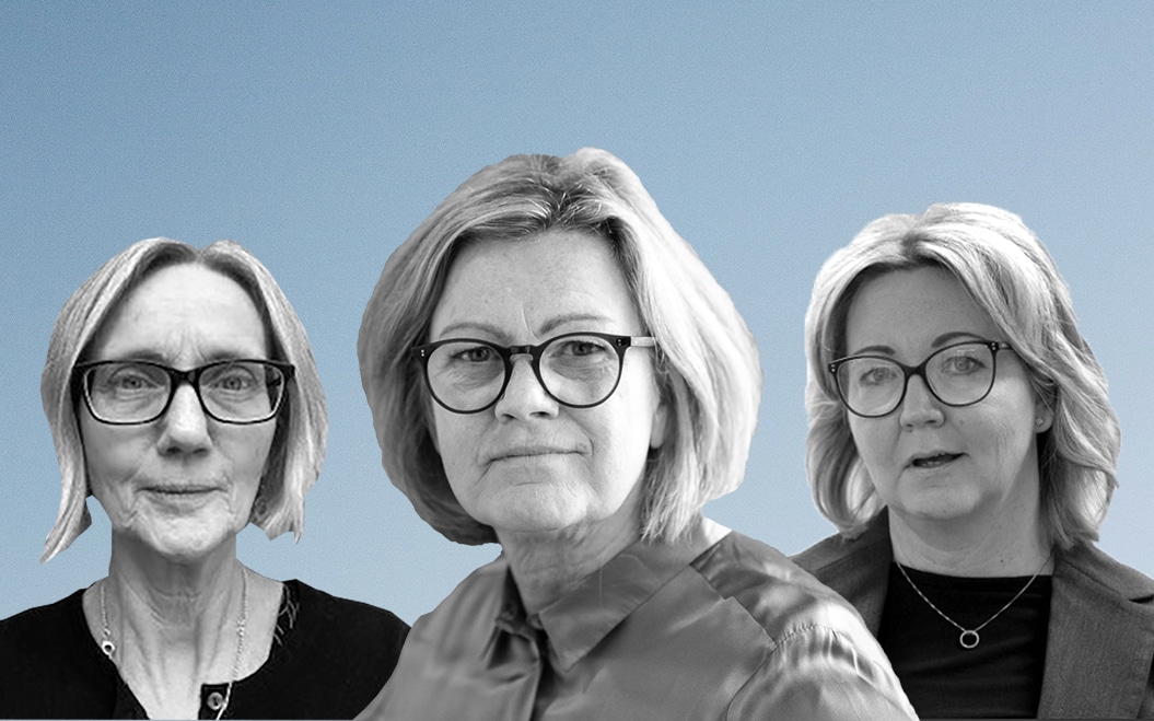 Montagebild där socialcheferna Anette Stork Stjernström, Yvonne Thilander och Eva Börjesson Öman syns i svartvitt sida vid sidan (huvud och axlar) framför en ljusblå bakgrund.