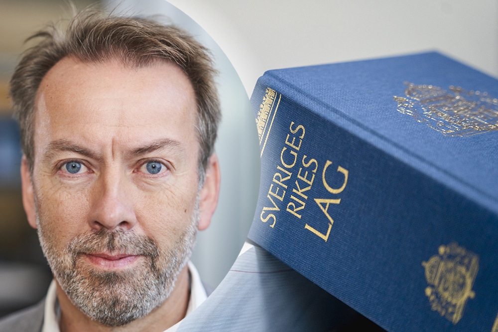 Montagebild där en bild på Håkan Jönsson, professor i socialt arbete vid Lunds universitet, syns till vänster och en bild på den svenska lagboken syns till höger.