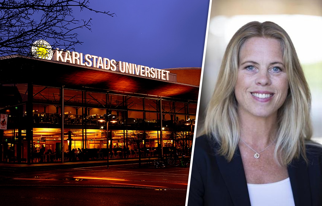 Montagebild där en höstig bild på entrén till Karlstad universitet, kvällstid, syns till vänster, och en porträttbild på forskare Birgitta Persdotter syns till höger.