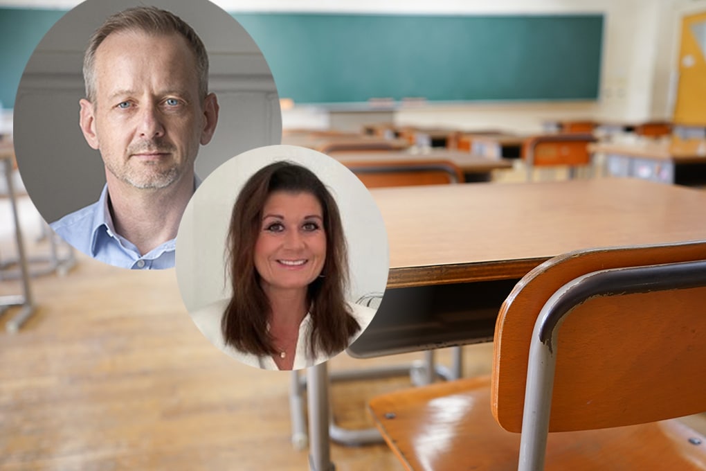 Montagebild där Mattias Andersson och Maria Nilsson från branschorganisationen Svenska Vård syns i två cirklar över en bild på ett tomt klassrum.