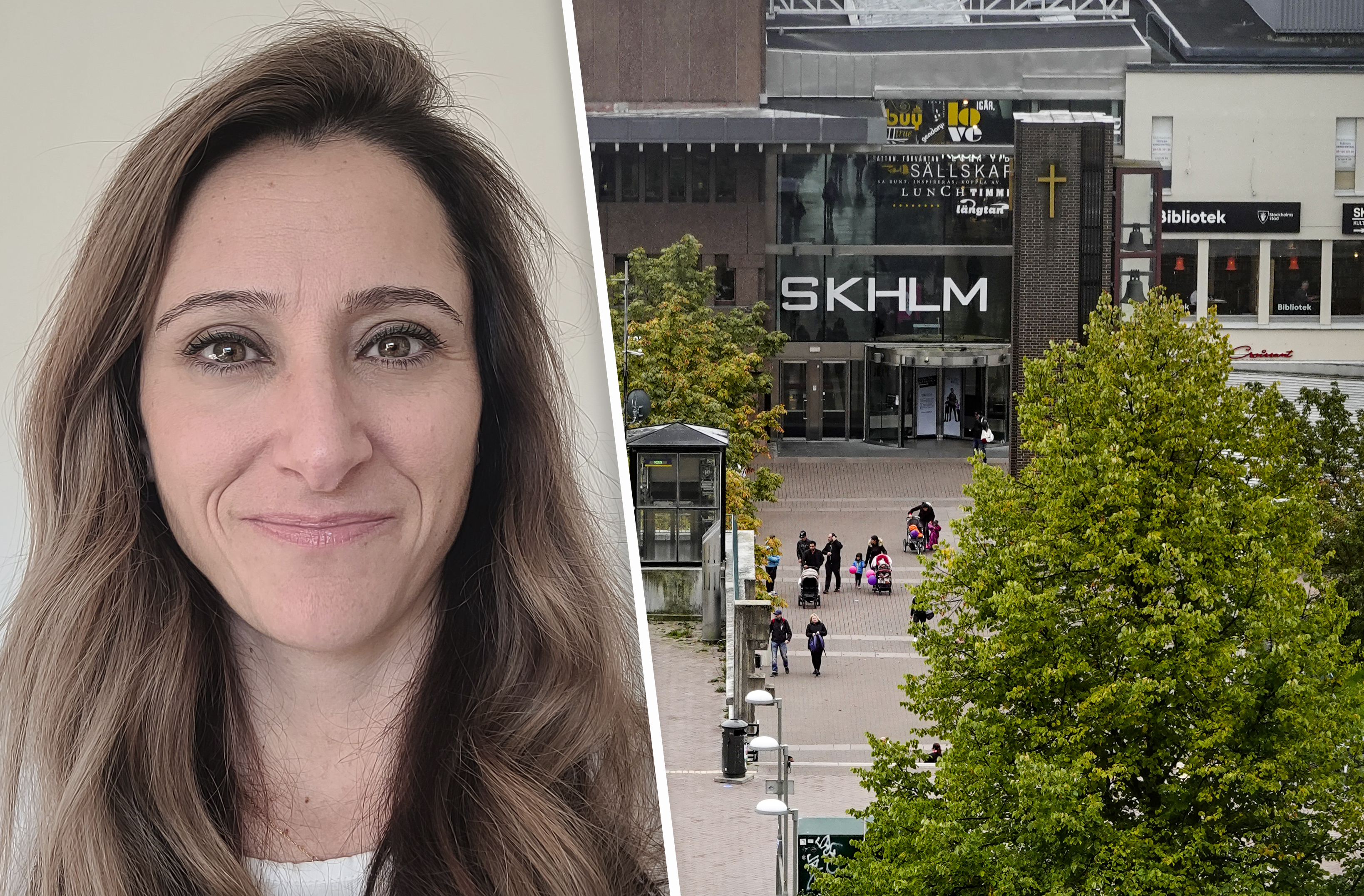Montagebild där tidigare enhetschefen i Skärholmen, Sandy Lundström, syns till vänster och en översiktsbild av Skärholmen centrum syns till höger.