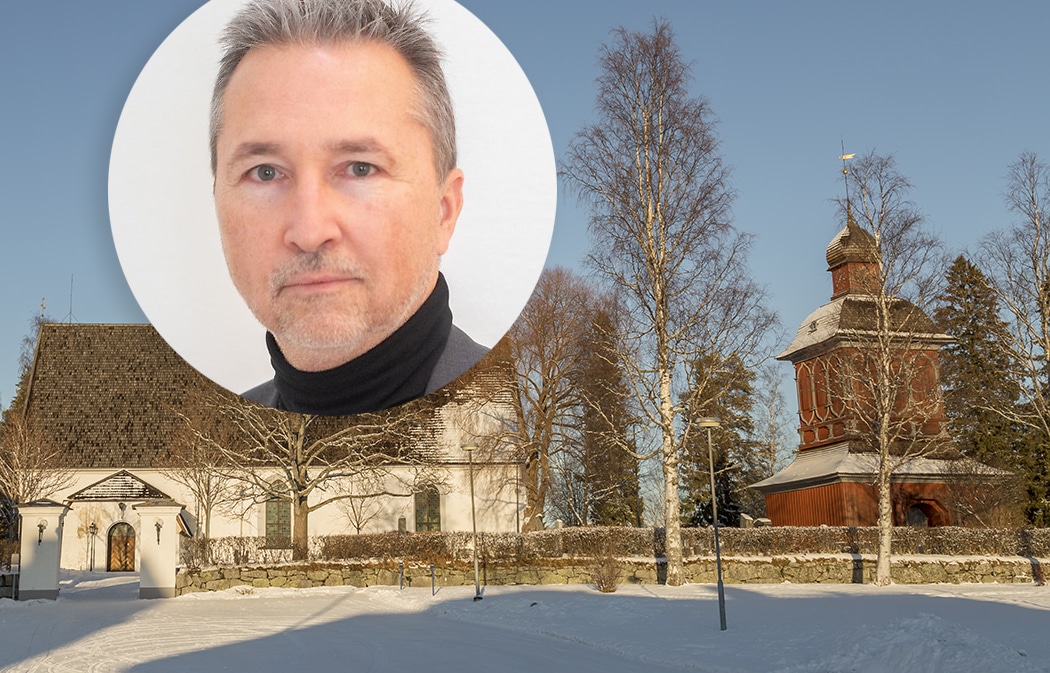 Montagebild där Nordmalings socialchef Andreas Witt syns i en cirkel till vänster över en bild som visar Nordmalings kyrka i vintermiljö.