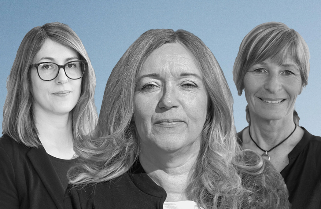 Montagebild där socialarbetarna Rizana Talic (längst ut till vänster), Carin Johansson och Annika Rådström syns bredvid varandra i svartvitt framför en ljusblå bakgrund.