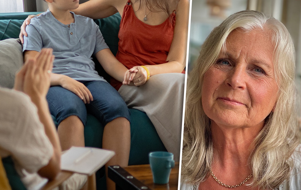 Montagebild där tre anonymiserade personer, två vuxna och ett barn, som sitter i en terapisession, syns i en bild till vänster, och där socionomen och familjeterapeuten Elisabeth Wettergren syns i en bild till höger.