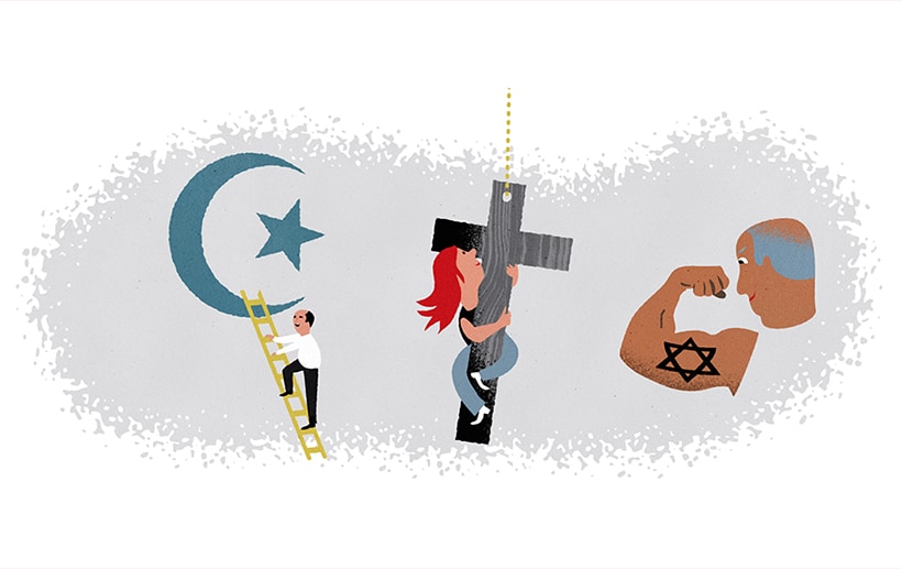 Illustration som visar tre personer av vilka två klättrar på två stora symboler för islam och kristendom, och en har den judiska symbolen tatuerad på en arm som spänner musklerna.