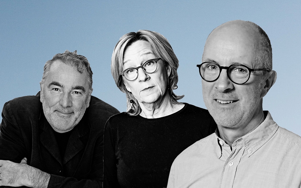 Montage på tre porträttbilder i svartvitt, huvud och axlar, på Jan Aronsson (till vänster), Marie-Louise Söderberg och Thomas Ericson, framför en ljusblå bakgrund.