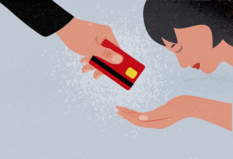 Illustration av en hand som håller i ett bankkort strax ner mot en hukande och tacksam person.