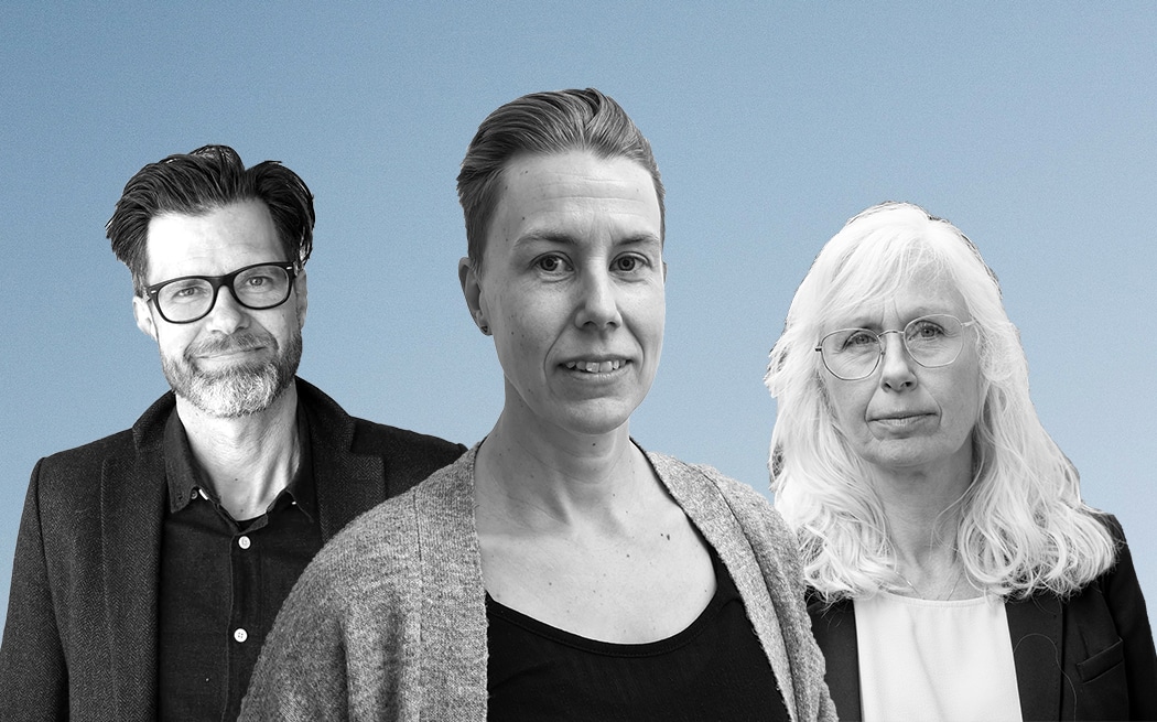 Montagebild där urklippta halvporträtt i svartvitt av Magnus Svensson, Christin Weikel Vickman och Anna Häger syns framför en ljusblå bakgrund.