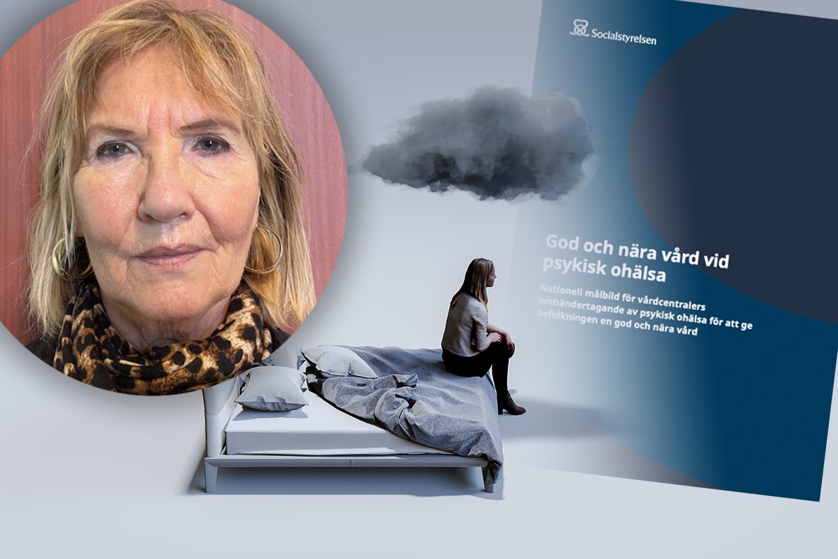 Ett porträtt av en kvinna visas bredvid en illustration av en person på en säng med svensk text om psykisk hälsa i bakgrunden.