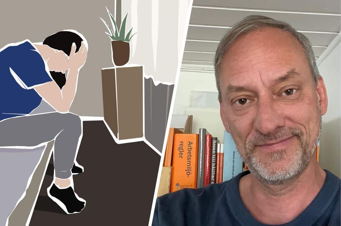 Inspektör Eric Storbjörk bredvid en illustration på en ledsen person.