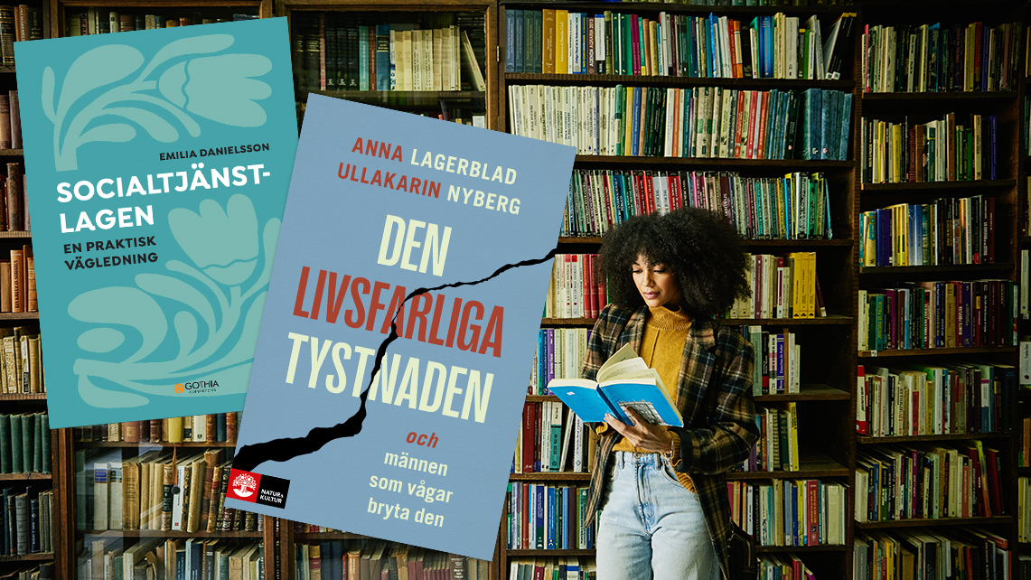 Bokhyllor i bakgrunden med två bokomslag i förgrunden.