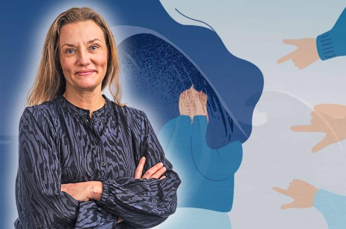 Porträttbild på Socionomens chefredaktör Annika Sjöberg med bakgrundsbild på en person som känner skam till hennes ledartext för nya numret.