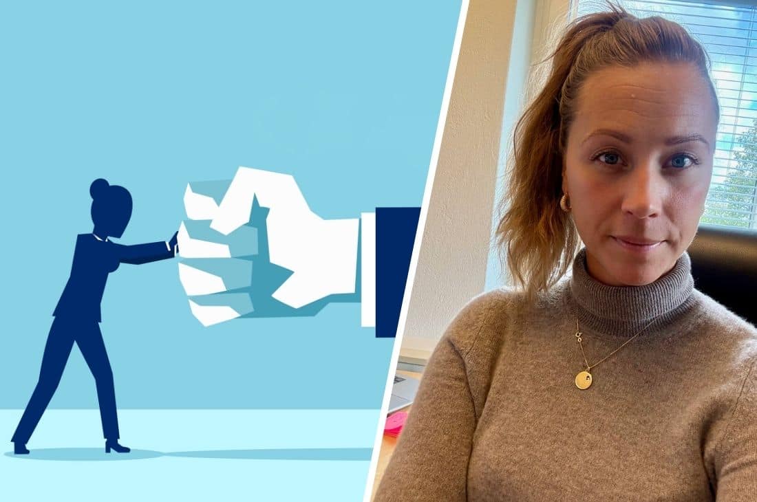 Montagebild: till höger en illustration på en kvinna som håller emot en knuten näve och till vänster ett porträtt på Malin Tellberg.