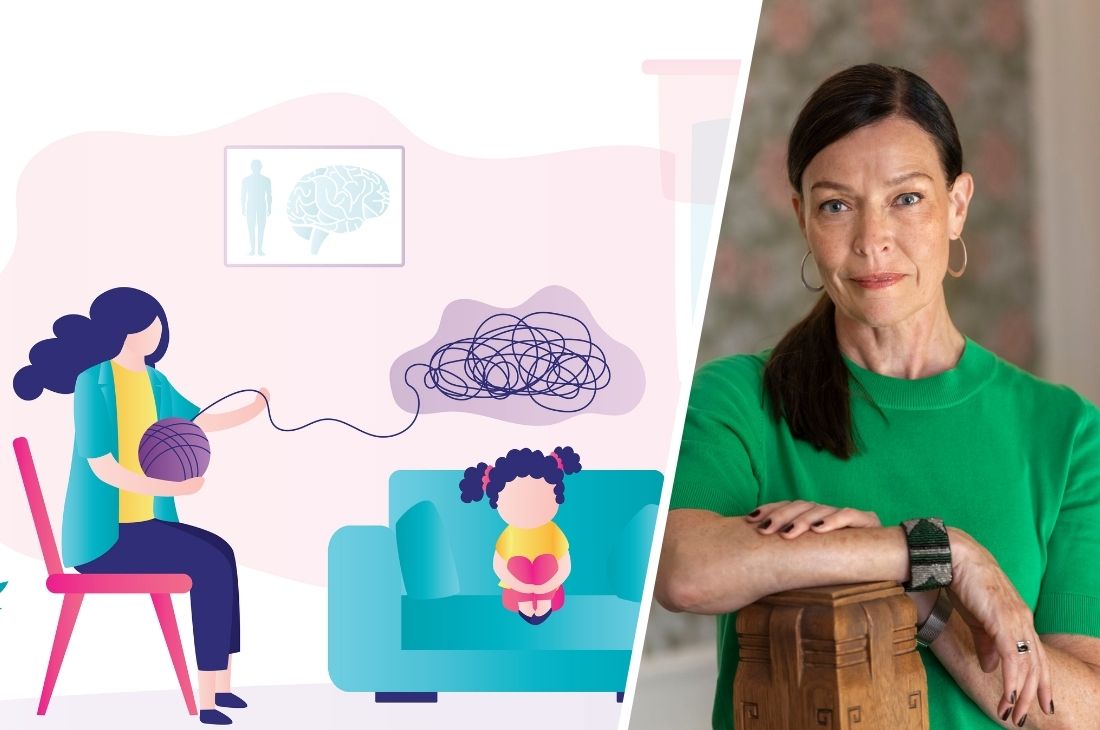 Illustration på ett barn i terapi och bild på Anna Norlén, legitimerad psykoterapeut och psykolog samt verksamhetschef och rektor på Ericastiftelsen