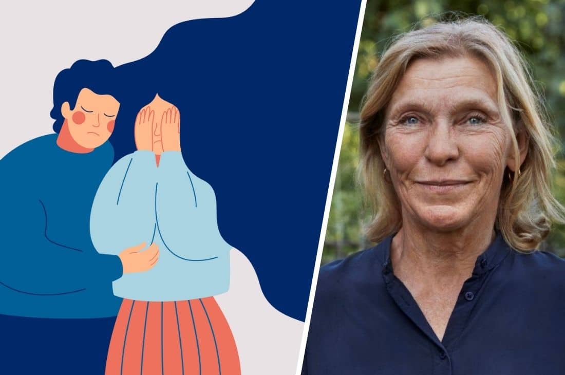 En delad bild med en illustration av två personer i en tröstande gest till vänster och en kvinna med blont hår utomhus till höger.