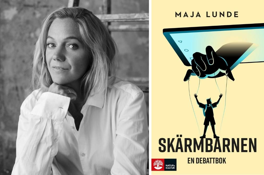 Porträtt på Maja Lunde och omslaget på hennes nya bok Skärmbarnen.