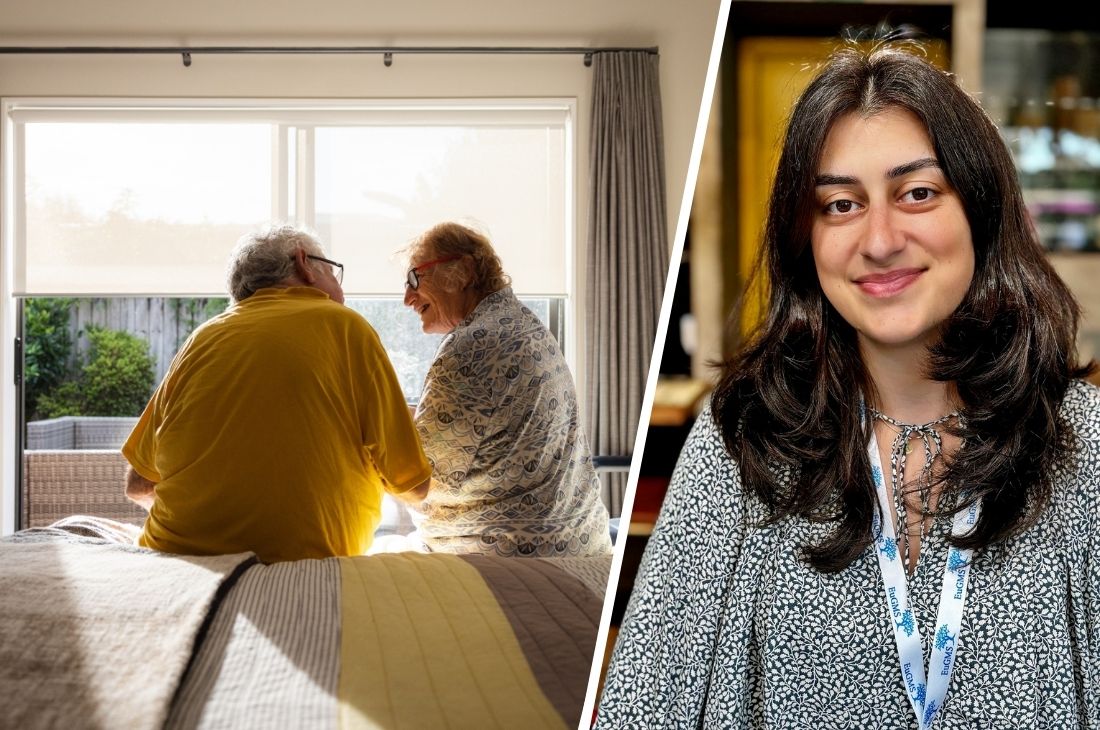 Två bilder. En med ett äldre par sittande på sängen tillsammans. En på Mariam Kirvalidze.