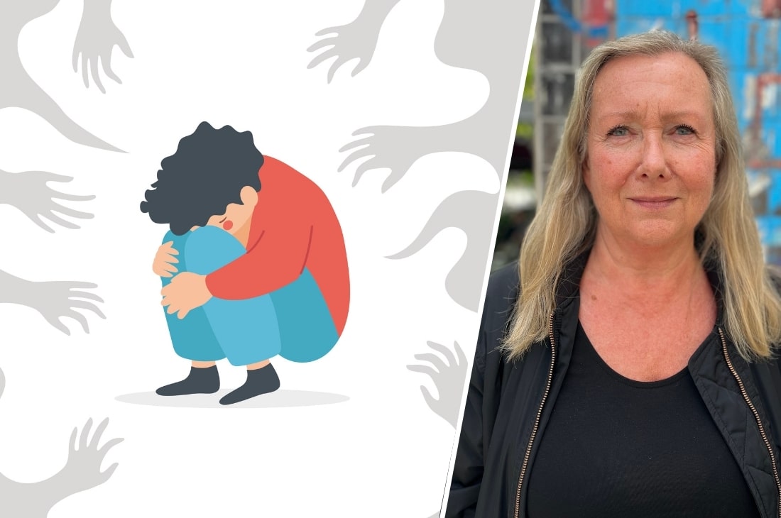 Illustration på litet barn som är ledsen och porträttbild på Liselotte Tronders
