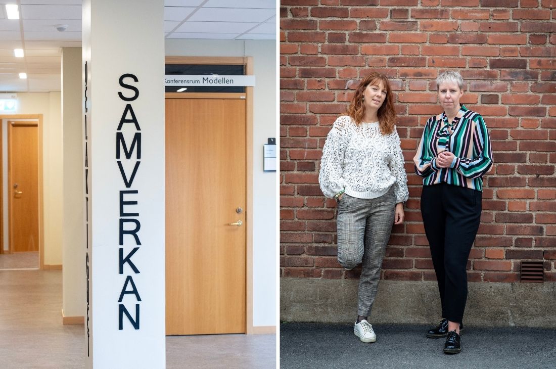 Vänster: Korridor med en vertikal "SAMVERKAN"-skylt och en dörr märkt "Konferensrum Modellen". Höger: Jeanette Öhrlund och Erika Ottaeus står mot en tegelvägg och tittar mot kameran.