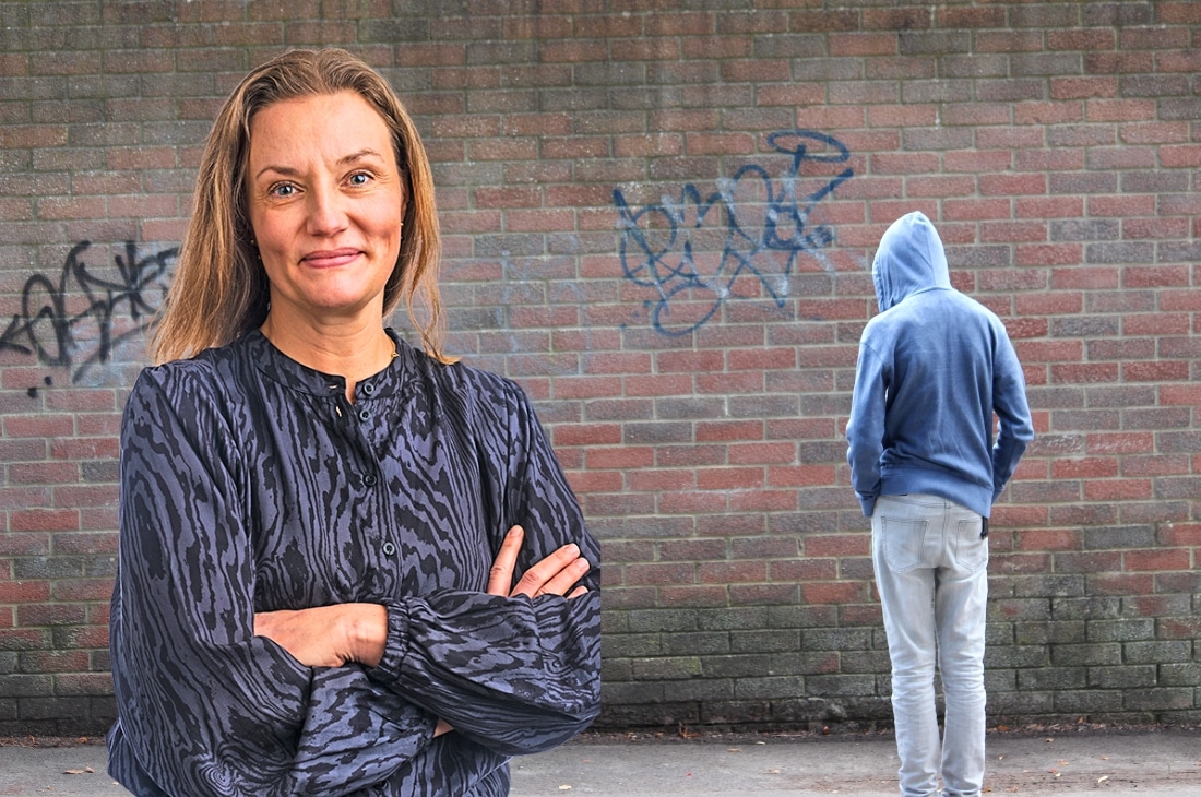 Bakgrundsbild på en ungdom med luva. I förgrunden en porträttbild på Annika Sjöberg.