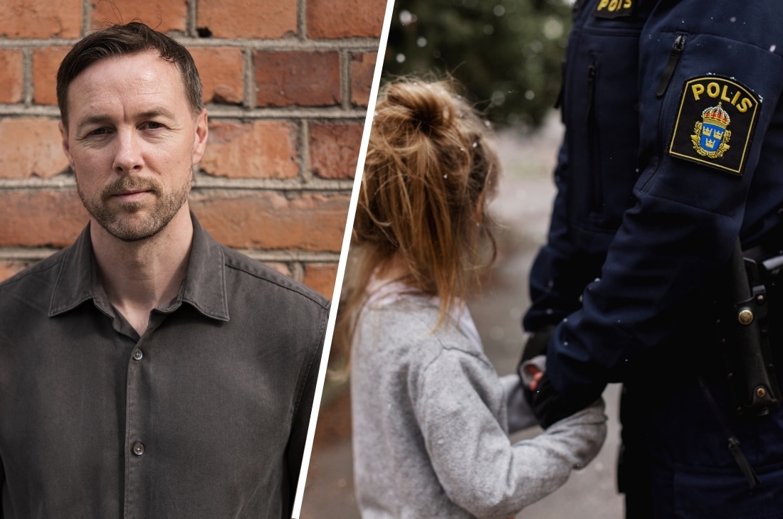 Porträttbild på Markus Antonsson och en bild på ett barn tillsammans med polis.