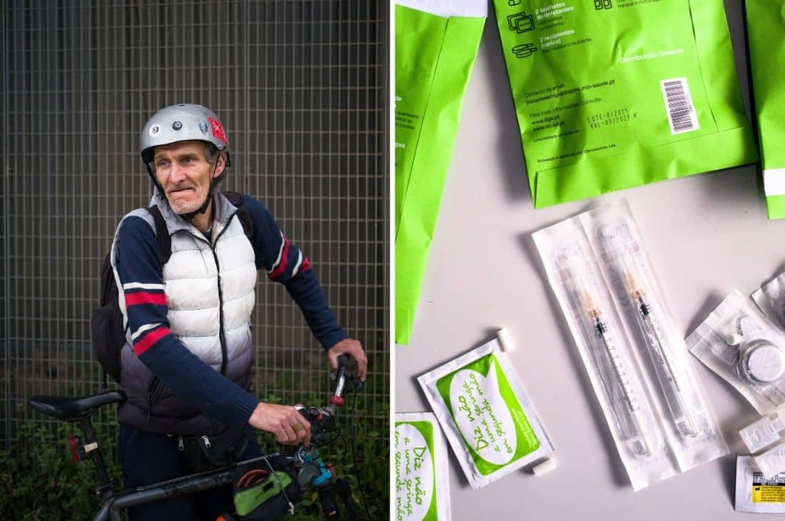 En äldre man med sin cykel bredvid en bild på droger.