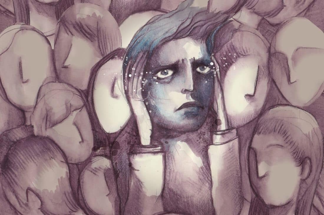 Illustration av en person bland många som verkar må dåligt.