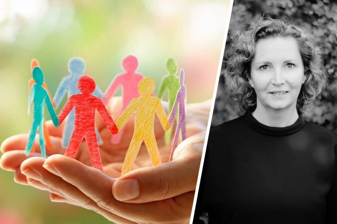 Porträttbild på Natasja Andersson Elmtoft vid sidan av en bild på utklippta figurer i ring för att illustrera empati.