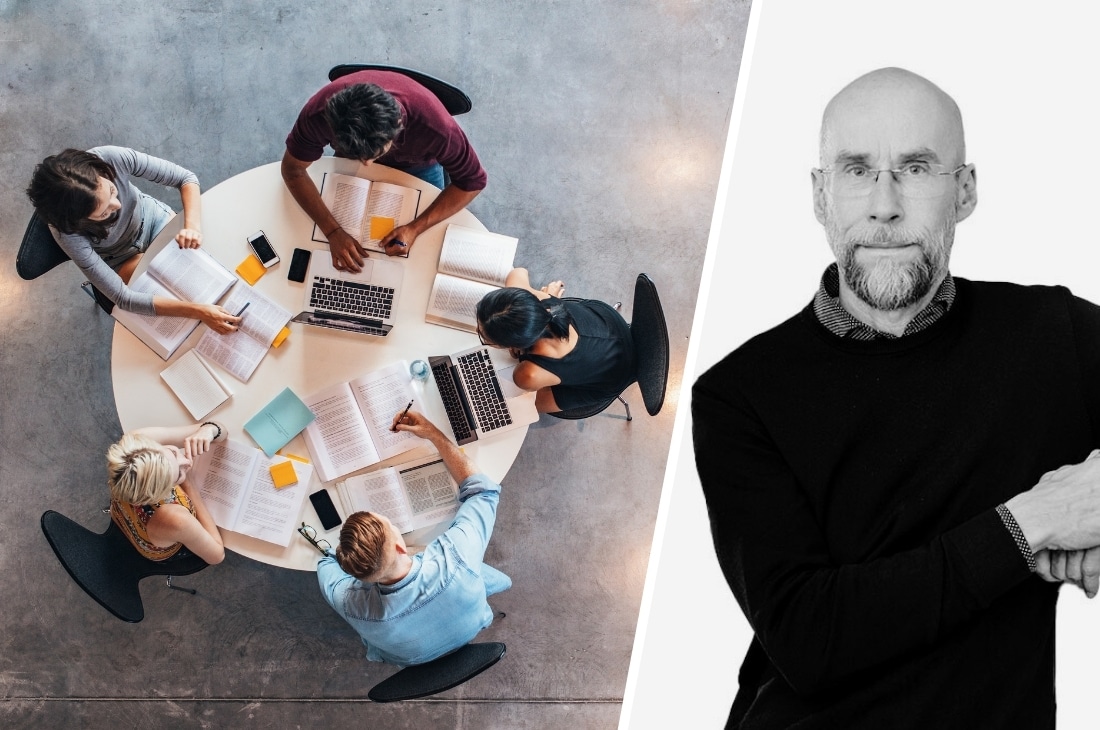 Splitbild på Fredrik Hjulström, socialpolitisk chef på Akademikerförbundet SSR och studenter.