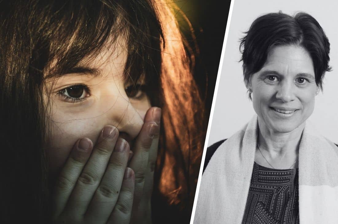 Porträttbild på Sara Quarles van Ufford bredvid en bild på ett barn med händerna för mun.
